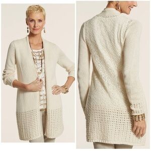 Chico's 0 Sz S Longline Lace Back Long Duster Sweater Cardigan Jacket Lattice